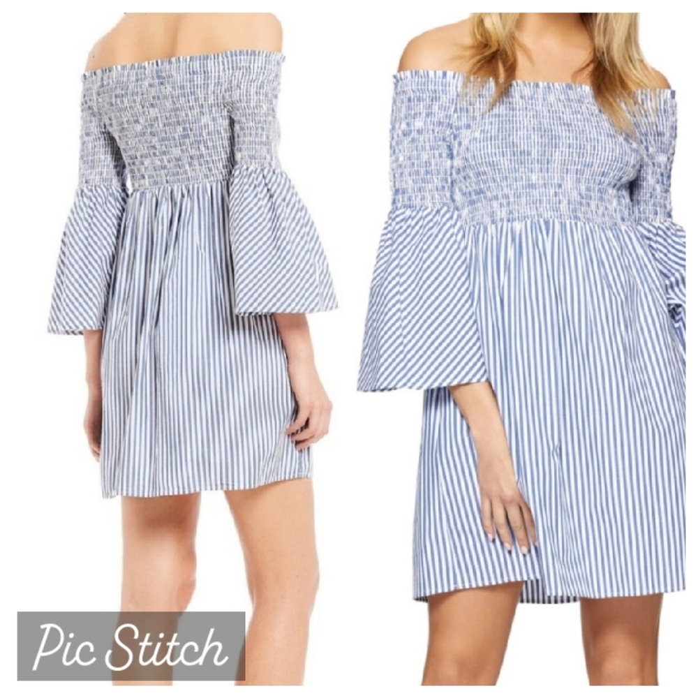 Zara Stripe Trumpet 3/4 Sleeve Off-shoulder Smock Minidress Size XS